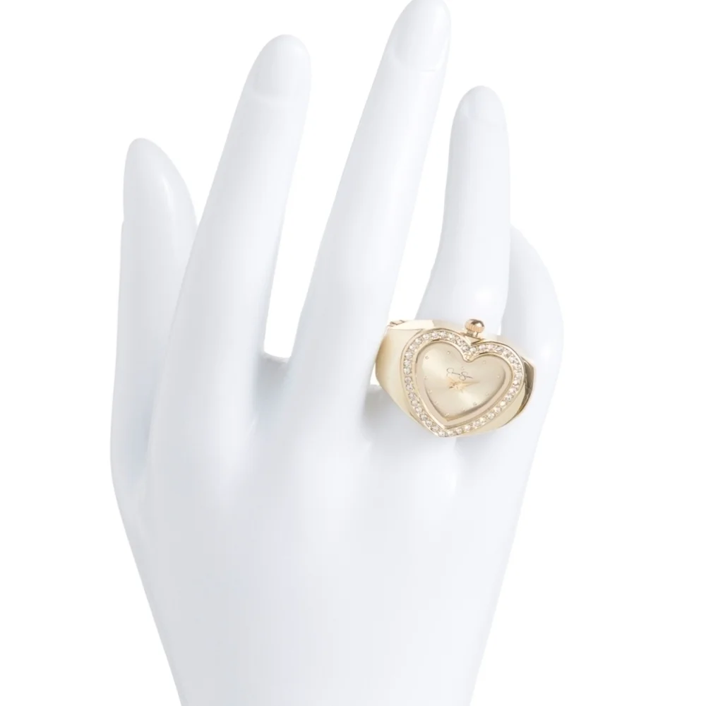 💛▪️Jessica Simpson ▪️Gold Tone Stainless Steel Stretch Fit Heart Ring Watch